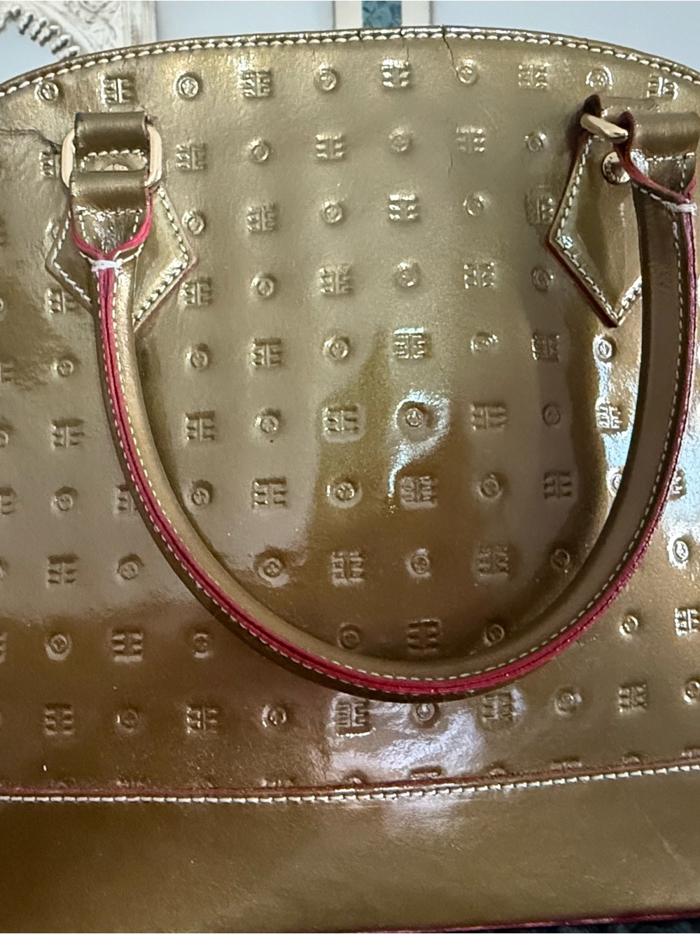 Arcadia Gold Patent Leather Tote with Pink Trim
